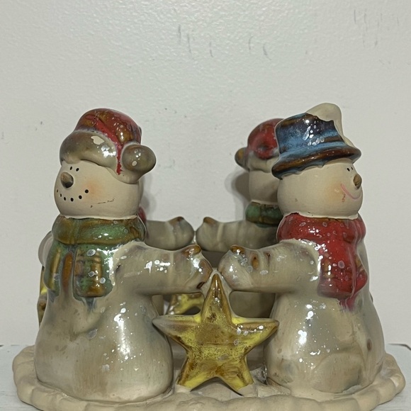 Kirklands Potters Garden II Snowmen Pottery Candle Holder Round 4.5” T x 6” Diam - Picture 8 of 11